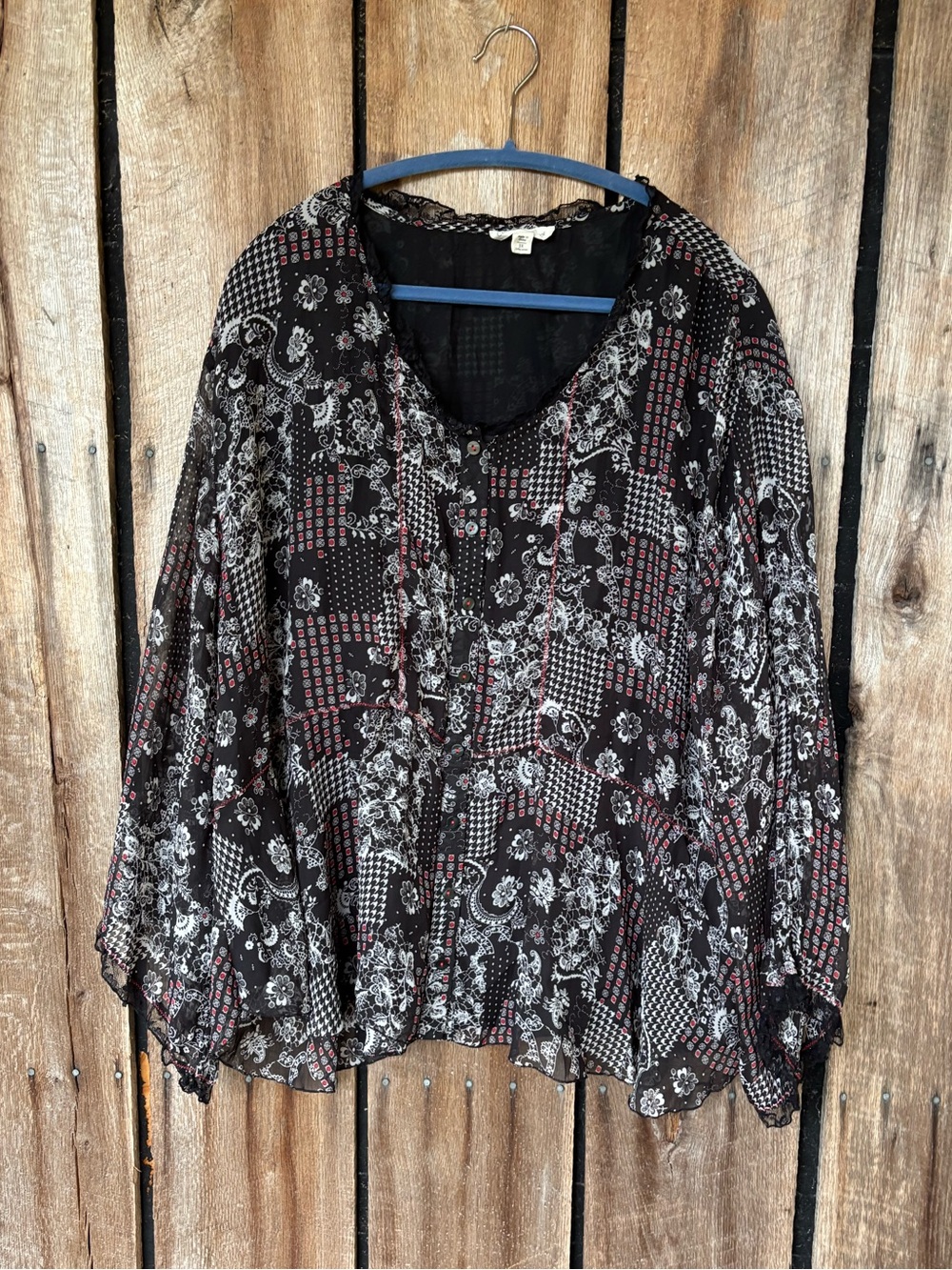 Coldwater Creek Blouse Womens 3X Black Paisley Mixed Print Lace Trim Boho Top